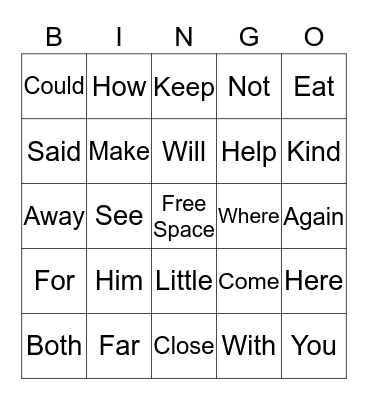 Site Word Bingo Card
