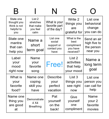 Mental Health Bingo Card