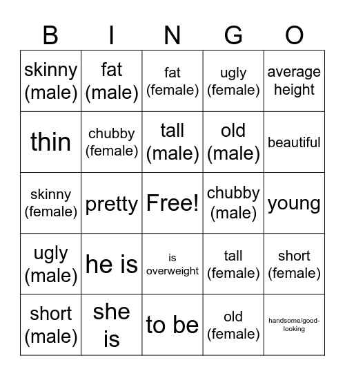 Physical Appearance 1 Bingo Card