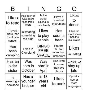 7th Grade Advisory Bingo Card