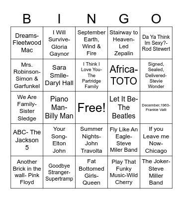 70's Bingo Card
