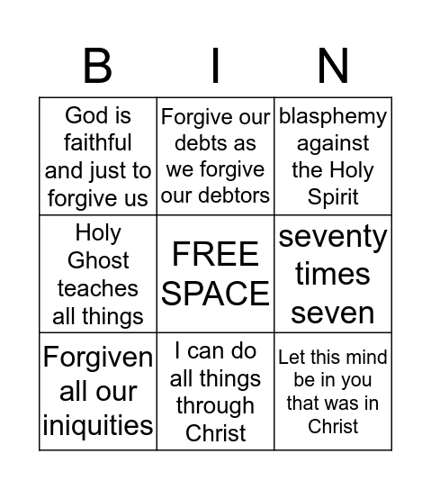 Bingo Forgiveness Bingo Card