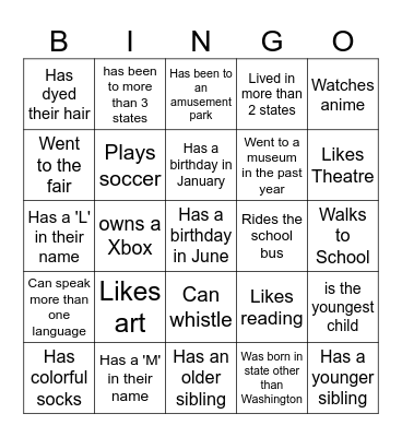 Middle School BINGO: Find someone who... Bingo Card