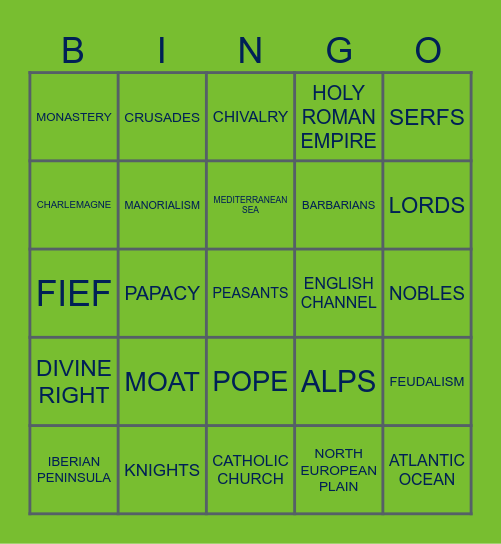 Middle Ages Vocab Bingo Card