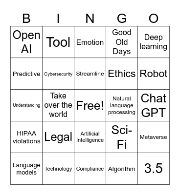 Artificial Intelligence Bingo Card