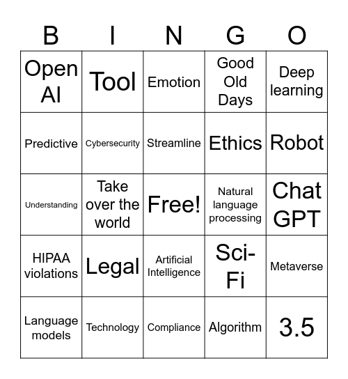 Artificial Intelligence Bingo Card