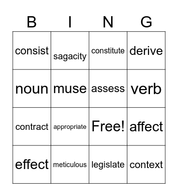 Vocabulary Bingo Card