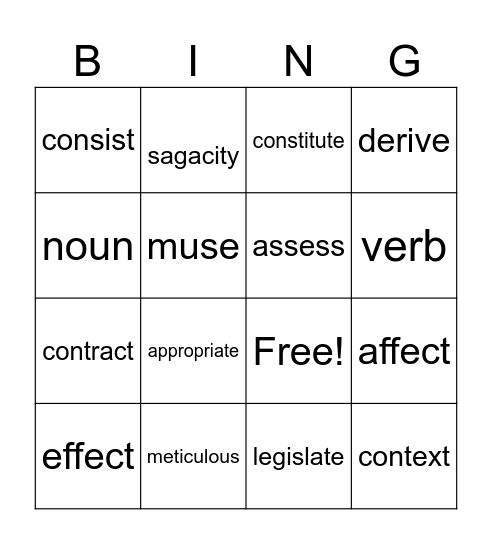 Vocabulary Bingo Card