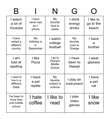 Classmate Bing Bingo Card