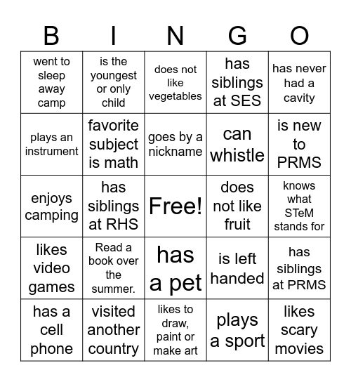 Back to School Bingo - Name:____________ Bingo Card