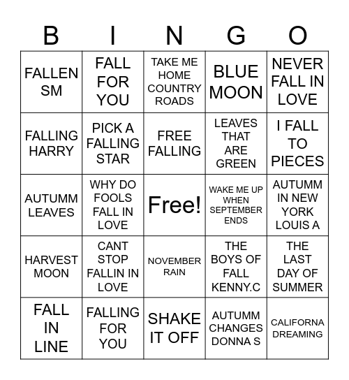 FALL SONGS Bingo Card