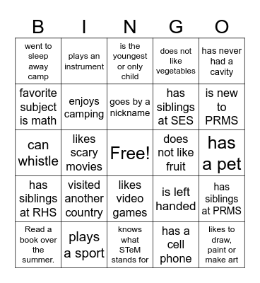 Back to School Bingo - Name:____________ Bingo Card