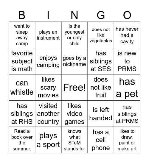 Back to School Bingo - Name:____________ Bingo Card