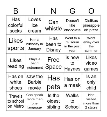 Middle School BINGO: Find someone who... Bingo Card