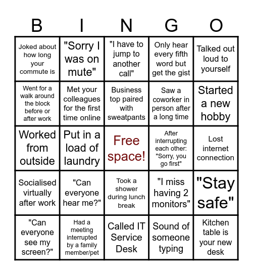 Remote Work Bingo Card