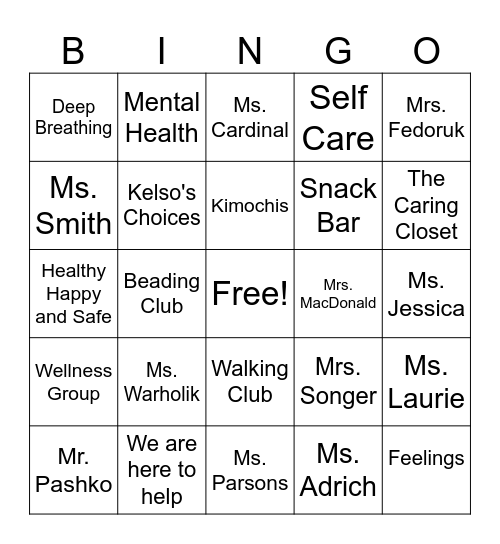 Wellness Team Bingo Card
