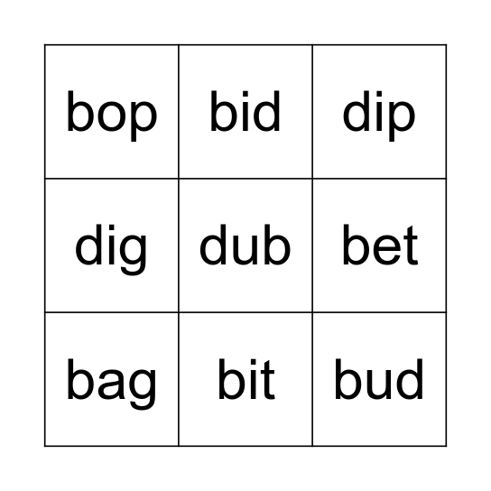 CVC Words Bingo Card