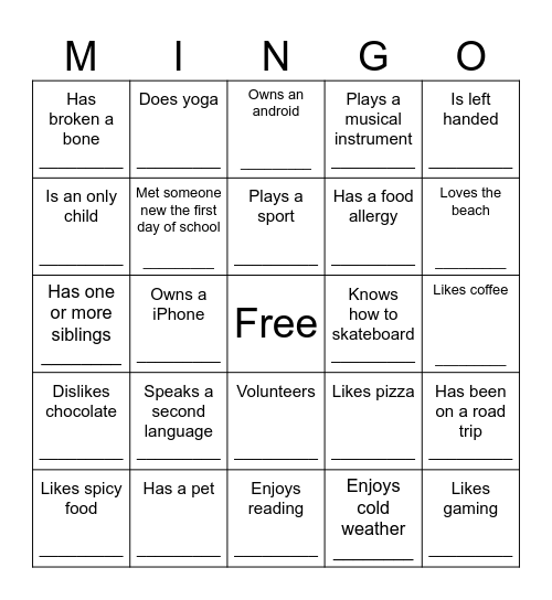 Mingle Bingo Card