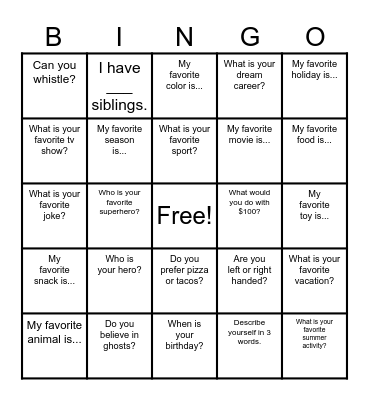 Get To Know Me! Bingo Card