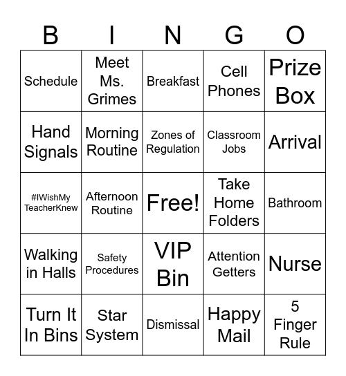 Back To School Bingo Card