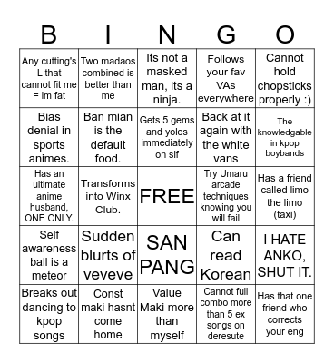 SHEENA Bingo Card