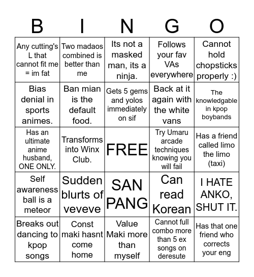 SHEENA Bingo Card