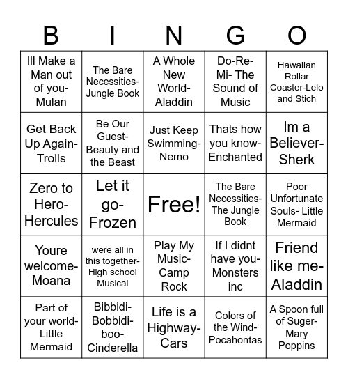 Disney Bingo Card