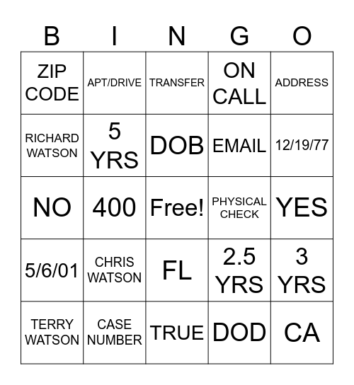 Dunk Tank Bingo Card