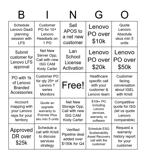 September Lenovo Bingo Contest Bingo Card