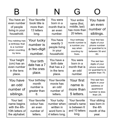 Math Bingo:  Getting To Know My Classmates Bingo Card