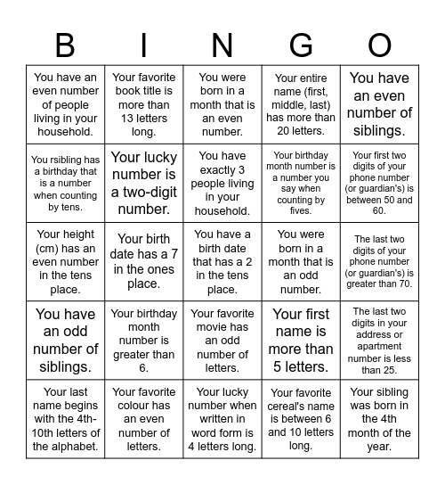 Math Bingo:  Getting To Know My Classmates Bingo Card