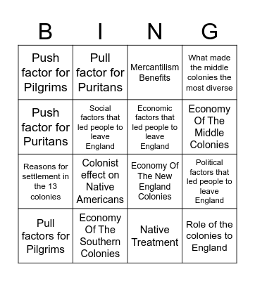13 Colonies Bingo Card