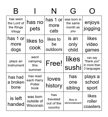 LOTO! Get to know your classmates Bingo Card