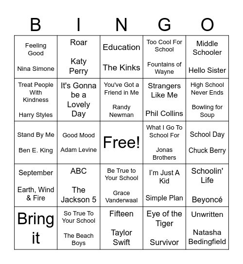 Back to School Bingo Card