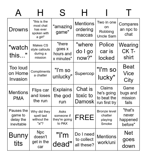 Damo's GTA GOD RUN BINGO Card