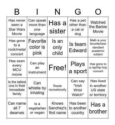 Get to Know You Bingo Card
