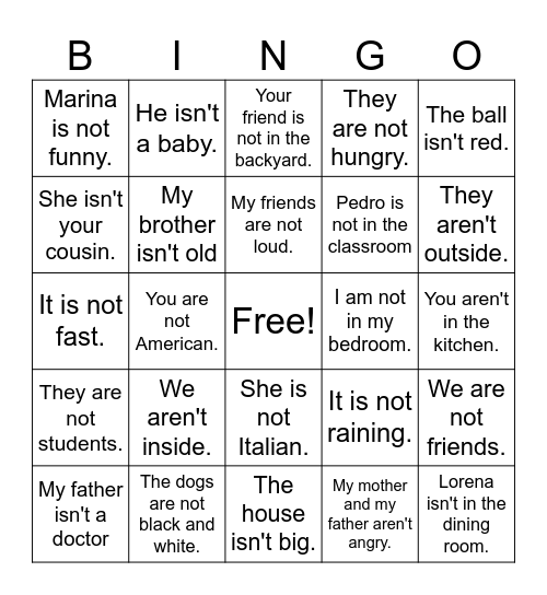 verb to be (negative and interrogative) Bingo Card