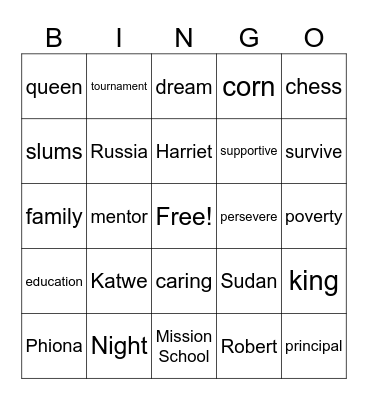 Queen of Katwe Bingo Card
