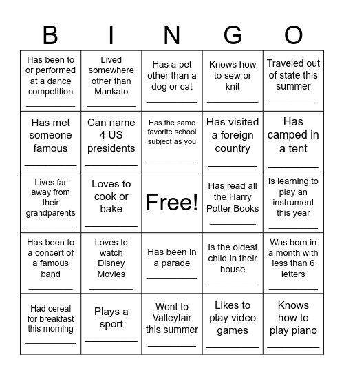 Find Someone Who....... Bingo Card