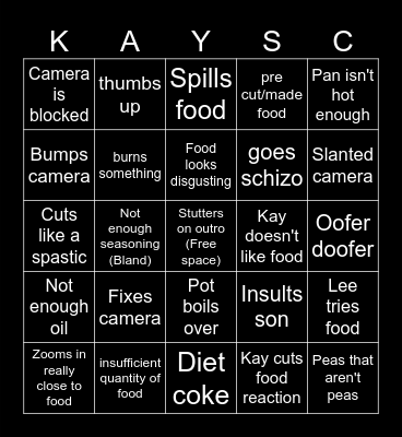 Kays cooking bingo Card