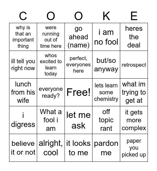 Cooke bingo Card