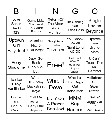 Bingo Party Songs Bingo Card