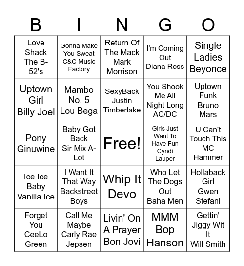 Bingo Party Songs Bingo Card