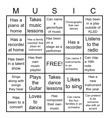 Getting to Know You Music Bingo Card