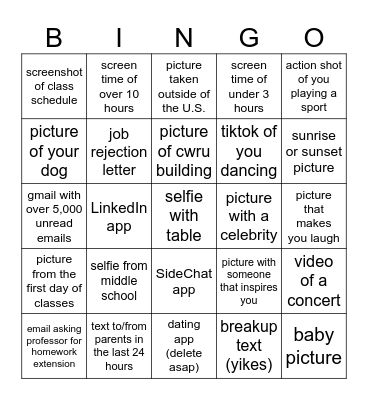 Phone Scavenger Hunt Bingo Card