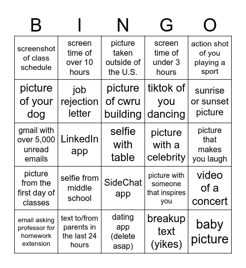 Phone Scavenger Hunt Bingo Card