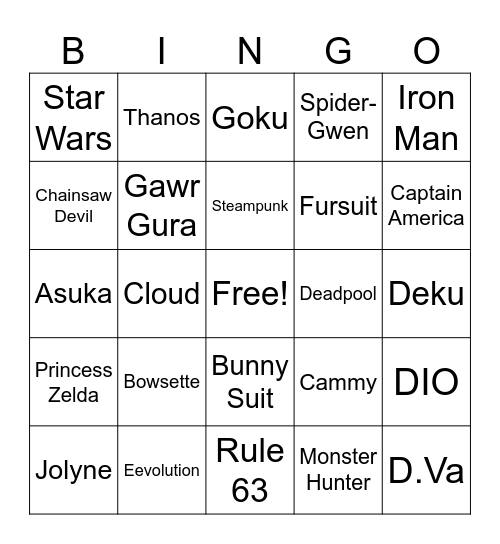 Casplay Bingo Card