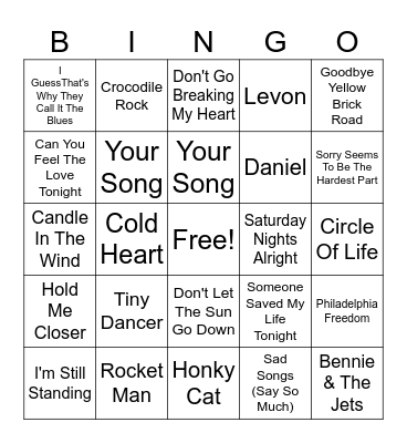Elton John Bingo Card