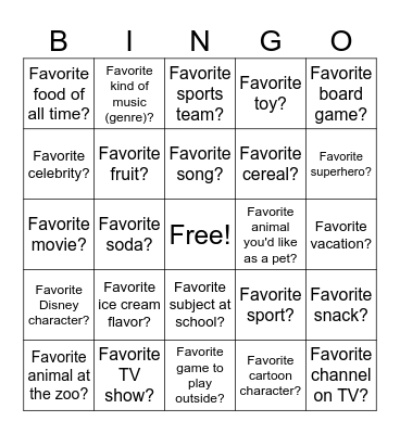 Favorites Bingo Card
