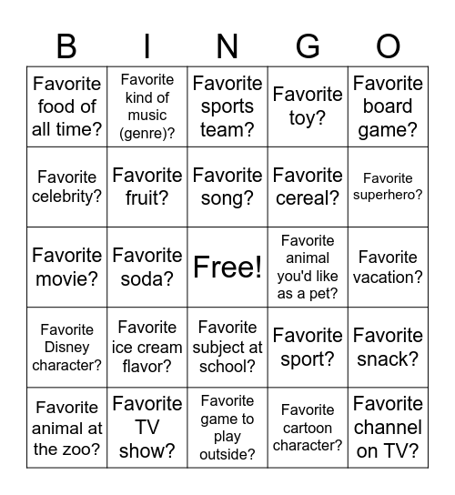 Favorites Bingo Card